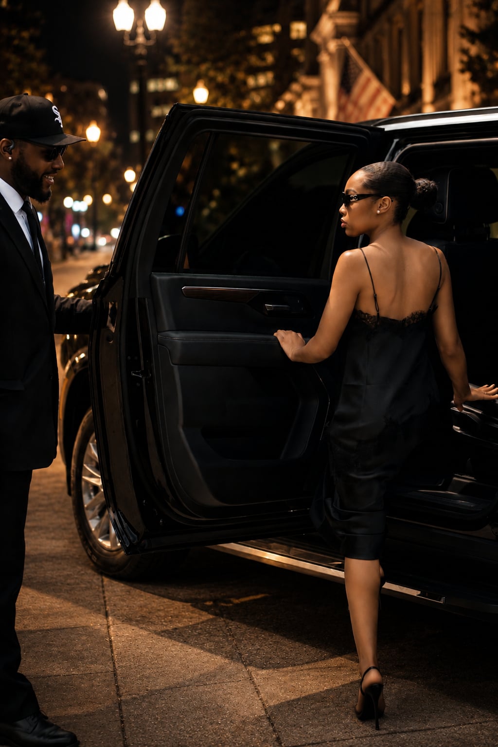 An HW chauffeur opening the Suburban door for a client in evening wear on a city street at night