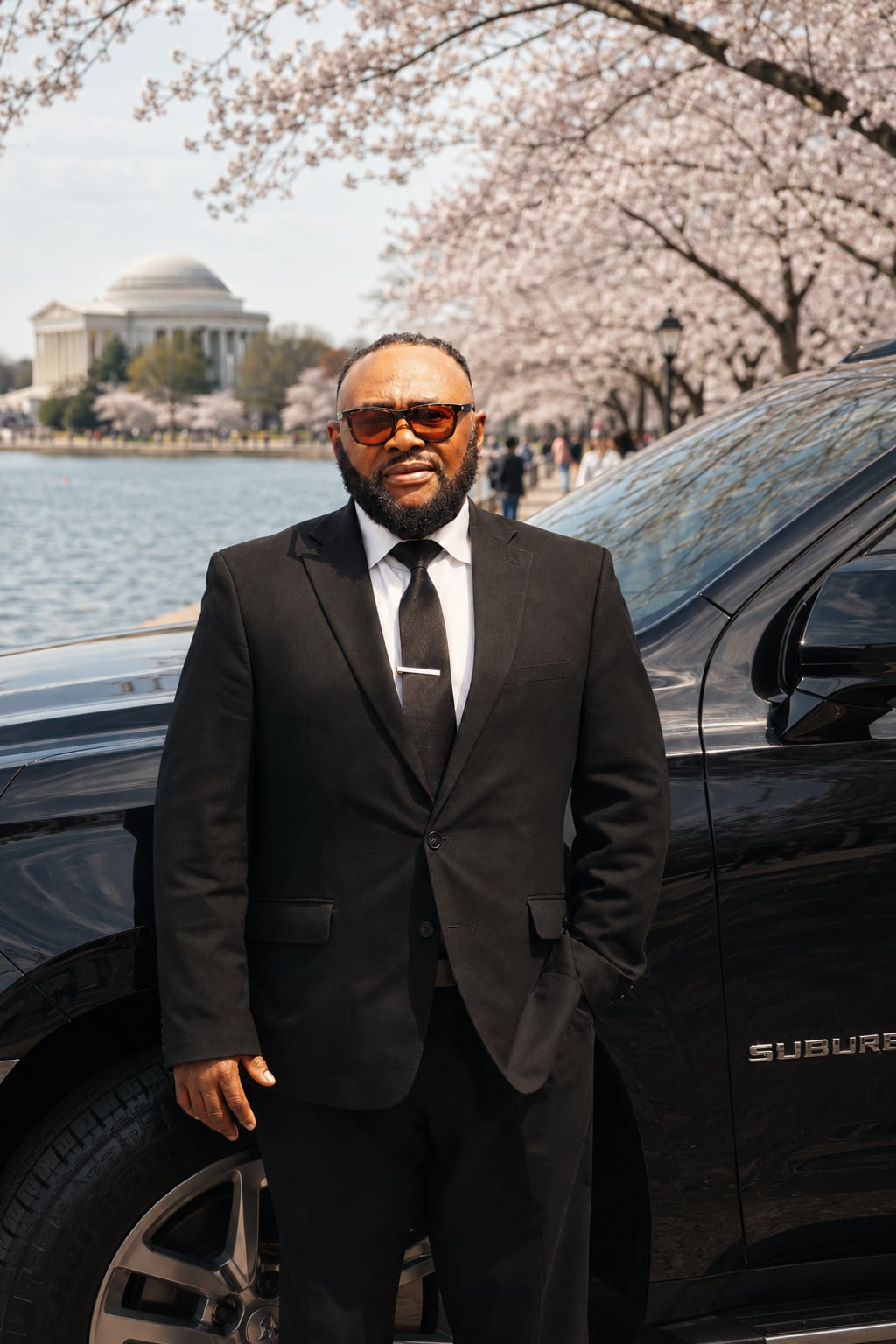 Hirate in a black suit beside a black Suburban, cherry blossoms and the Jefferson Memorial behind him